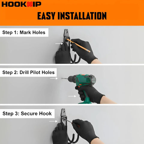Instruction steps for installing Heavy Duty Garage Wall Hooks Set With Anti Rust PVC Coating shown with tools and gloves.