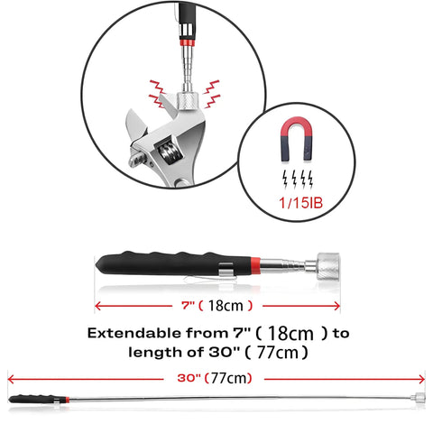 Magnetic Pickup Tool With 20 Pound Pull And Telescoping Reach To 30 Inches, showing extendable stick and non-slip grip.