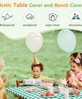 Children at picnic table using Picnic Table Cover With Bench Covers And Carry Bag Set For Outdoor Tables Waterproof Heavy Duty Vinyl With Elastic Edges And Flannel Backing 72 By 30 Inches 3 Pack Green Camping Essentials