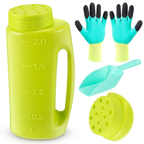 Handheld Lawn Spreader Kit For Grass Seed Fertilizer Ice Melt And Sand Includes Scoop And Gloves Portable Yard Spreader With Adjustable Flow And Twelve Hole Settings Two Liter Capacity Green