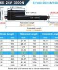 Diagram showing Beefy 24V Heavy Duty Linear Actuator with 30 inch stroke, 660 lb load, and dimensions for retracted and extended lengths.