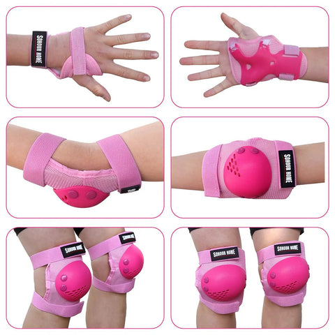 Kids 3 In 1 Protective Gear Set With Knee Pads Elbow Pads And Wrist Guards For Roller Skates Cycling Inline Skating Skateboards BMX Bikes And Scooters 6 Pack For Ages 3 To 15, featuring pink pads