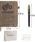 Leather A5 Journal For Engineers With 200 Lined Pages, Inner Pocket And Pen, Durable Hard Cover shown with dimensions and pen