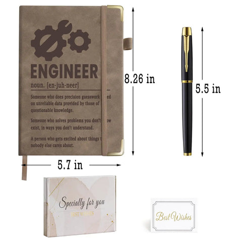 Leather A5 Journal For Engineers With 200 Lined Pages, Inner Pocket And Pen, Durable Hard Cover shown with dimensions and pen