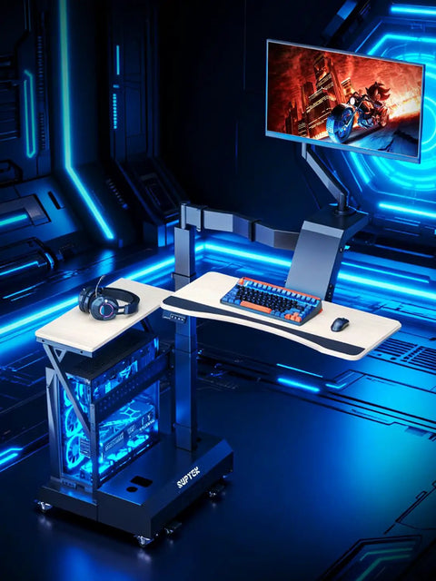 Level Up Your Setup With One Touch Electric Height Adjustable Mobile Gaming Desk Featuring Floating Shelf Dedicated CPU Stand Three Posture Modes And Built In Power Strip in modern gaming setup with blue lighting.