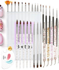 All In One Nail Art Kit With Case 31 Piece Set Including Dual Ended Dotting Tools Liner Brushes Striping Tools Sculpting Pens For Nails 3D Flower Crafting Palette Holder DIY Home Salon Manicure Design Set displayed with brushes, dotters, and nail examples