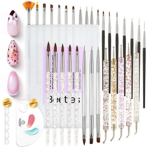 All In One Nail Art Kit With Case 31 Piece Set Including Dual Ended Dotting Tools Liner Brushes Striping Tools Sculpting Pens For Nails 3D Flower Crafting Palette Holder DIY Home Salon Manicure Design Set displayed with brushes, dotters, and nail examples