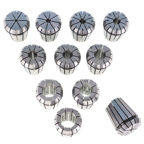 ER32 collet set for CNC milling and engraving, alloy steel, sizes 1/8 to 3/4 inch, arranged in a triangular pattern