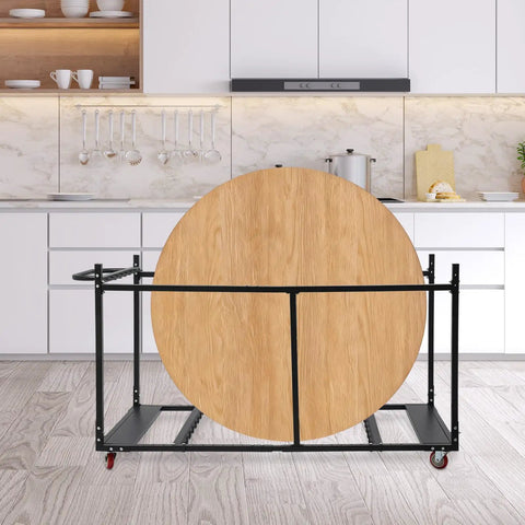 Heavy Duty Folding Table Cart For Easy Transport And Storage Hauls Up To 10 Tables With Locking Casters, Smooth Rolling, Ideal For Banquet Halls, Schools, And Events, Durable On The Go Mobile Solution For Staff, black metal cart holding a round folding table