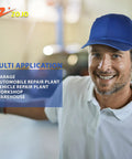 Five Pack Reflective Bump Cap Hard Hat With Adjustable Hook And Loop Fit Lightweight Breathable Twill Royal Blue And Mesh Safety Cap For Men And Women ABS Shell With Soft Foam Pads shown worn in garage setting
