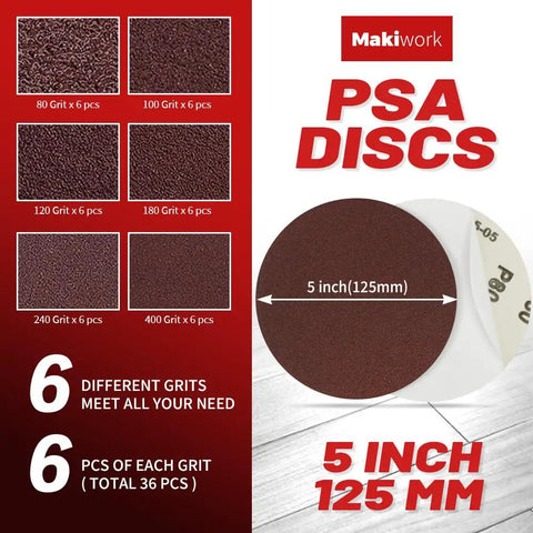 54 Piece Sanding Belts And Discs Combo Kit showing 5 inch PSA discs with grit variations from 80 to 400