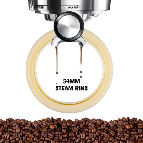 Two Pack 54mm Silicone Steam Ring Gasket Replacement For Espresso Machine Group Head shown installed with coffee beans