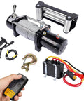 Rock Solid 3000 Lbs Steel Cable Winch with Wireless Remote, Waterproof 12 Volt Electric Towing Gear For Trucks Jeeps And Trailers That Gets You Unstuck In A Hurry showing winch, remote and accessories.