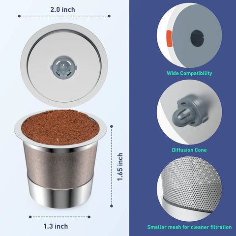 Eco-Friendly Reusable Stainless Steel Coffee Filters For Keurig 1.0 And 2.0 Brewers Compatible With Most K-Cup Machines BPA-Free Reusable Pods 2 Pack Great For Home Use showing size and features