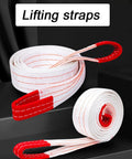 Heavy Duty Polyester Lifting Sling Web Belt For Crane Hoist And Forklift Towing, rolled straps with red ends for secure lifting.
