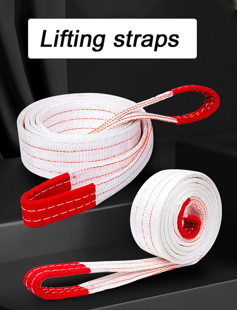 Heavy Duty Polyester Lifting Sling Web Belt For Crane Hoist And Forklift Towing, rolled straps with red ends for secure lifting.