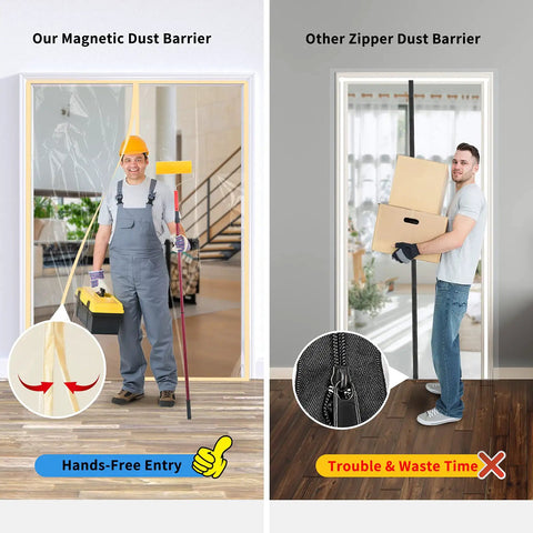 Comparison of magnetic and zipper dust barriers, emphasizing hands-free entry and efficiency for Dust Barrier Zip Door For Renovations.