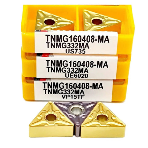 Premium TNMG160408 Carbide External Turning Insert For CNC Lathe Metal Machining displayed with yellow holder and labels.