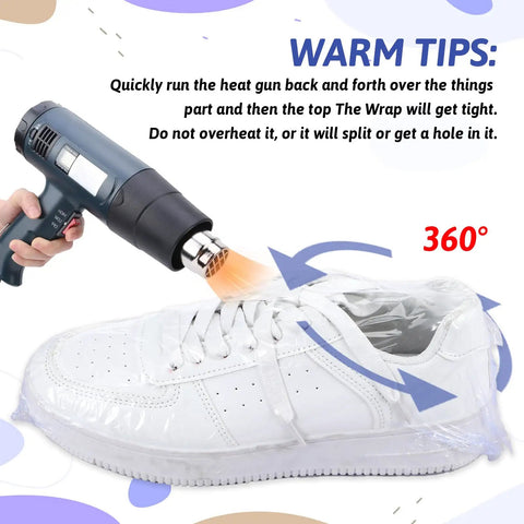 Heat gun shrinking clear POF film on a shoe with 'Bulk 500 Pack Heat Shrink Wrap Bags For Packaging, Clear POF Film In 4 Sizes' text.
