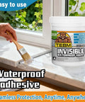 Pro Grade Crystal Clear Waterproof Sealant Quick Drying Flexible Rubber Coating For Roof Gutters And Basement Leaks Extreme Heat Resistant application with brush on window ledge.