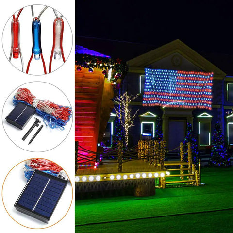 Patriotic Solar Powered LED Flag Net Lights With 420 Bright LEDs on house, solar panel, waterproof setup