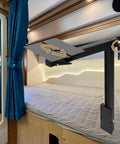 Rotating Aluminum Table Legs For Rv Campers No Fuss Setup lightweight detachable support base shown mounted under a bed.