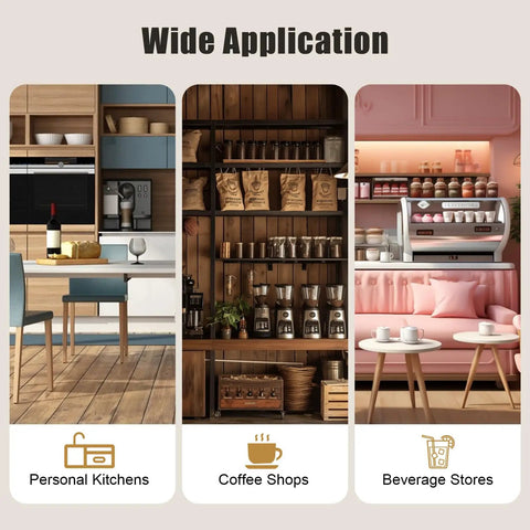 Image showing wide application of 5 Cup Siphon Coffee Maker Tabletop Vacuum Brewer in personal kitchens, coffee shops, and beverage stores.
