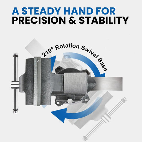Six And A Half Inch Beefy Bench Vise Heavy Duty With Anvil And 210 Degree Swivel Base Built To Last In Ductile Iron For Maximum Grip And Smooth Easy Clamping On Wood And Metal Projects