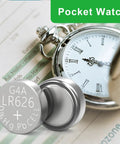 SR626SW Watch Battery 10 Pack AG4 Alkaline Button Cell 377 376 LR626 1.5V next to pocket watch and chart.