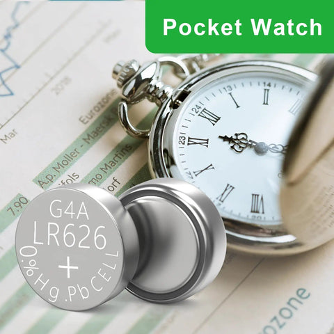 SR626SW Watch Battery 10 Pack AG4 Alkaline Button Cell 377 376 LR626 1.5V next to pocket watch and chart.