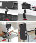 Built Like A Tank Aluminum Desk Camera Mount With Wide C Clamp Heavy Duty Table Rig for DSLR with phone attached at different angles.