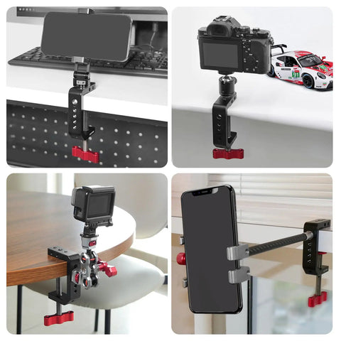 Built Like A Tank Aluminum Desk Camera Mount With Wide C Clamp Heavy Duty Table Rig for DSLR with phone attached at different angles.