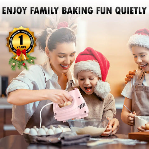 Family enjoying baking with Pink Electric Hand Mixer With Turbo Boost and Five Adjustable Speeds in a cozy kitchen setting.