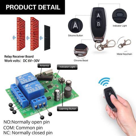 DC 12V 24V 30V Universal Wireless Remote Relay Switch Kit 433MHz RF Receiver Board With 2 Transmitter Key Fobs detail view