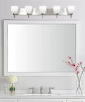 Armada 36 Inch Five Light Modern Vanity Light With Brushed Nickel Finish And Frosted Glass Shades for Bathroom shown above mirror
