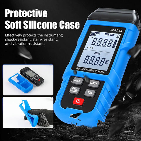 Top Shelf Digital Thermocouple Thermometer With K And J Type High Temperature Meter and Heavy Duty Data Logger in blue silicone case.