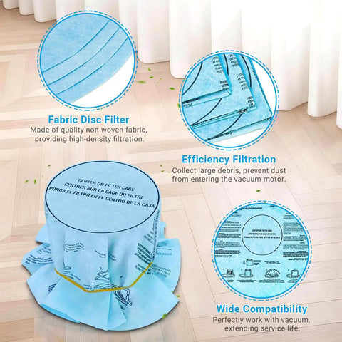 Eight Pack Reusable Dry Filters With Foam Sleeve Kit For Heavy Duty Five Gallon And Up Wet Dry Vacuums Replacement Filter Set With Six Retaining Bands 9010700 9013700 9058500 Compatible showing fabric disc filter and filtration features on floor