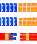 Blue Racetrack Connectors And Orange Double Lane Connectors For Hot Wheels Straight Tracks 20 Pack Compatible With One Sixty Four Scale Diecast Race Sets Easy Snap Fit Build Endless Custom Tracks For Kids showing connectors and track assemblies.