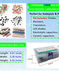 Complete Electronic Component Kit With 1800 Pieces Including LEDs, Resistors, Capacitors shown with component box size.