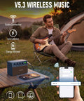 Man playing electric guitar with Dope 10W Mini Portable Guitar Amplifier, wireless connection shown on smartphone, outdoor setting
