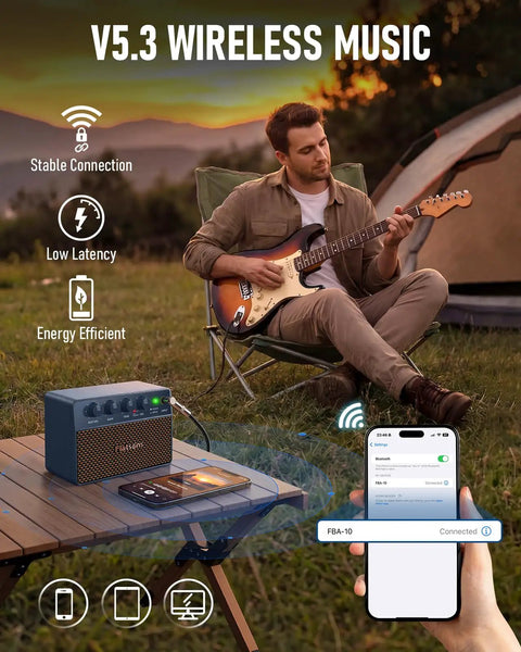 Man playing electric guitar with Dope 10W Mini Portable Guitar Amplifier, wireless connection shown on smartphone, outdoor setting