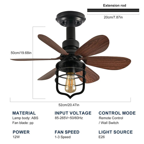 20 Inch Ceiling Fan With Light Socket And Remote, Vintage Industrial Socket Fan Light For Garage, Bedroom, Kitchen And Living Room