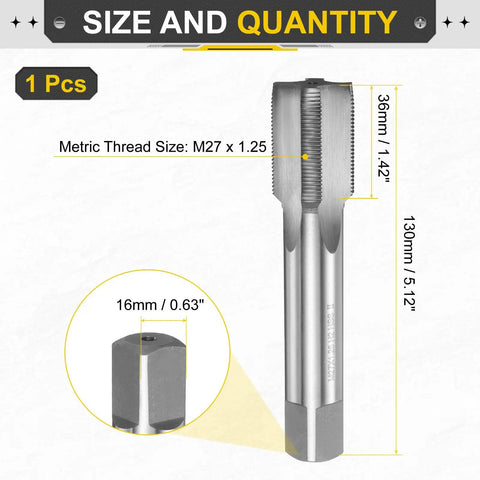 Hand Tap M27 X 1.25 Plug Style Straight Flute Right Hand Threading Tool In High Speed Steel HSS6542 with measurements