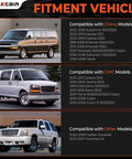 Fitment vehicle compatibility chart showing models for Chevy, GMC, and other brands including Avalanche and Escalade.