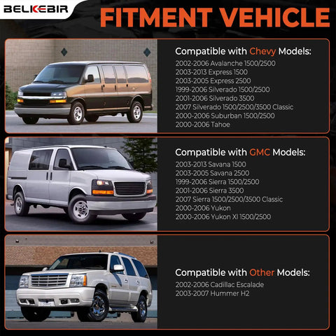 Fitment vehicle compatibility chart showing models for Chevy, GMC, and other brands including Avalanche and Escalade.