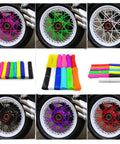 Colorful Bicycle Spoke Skins Wraps Kit 72 Pcs Wheel Decoration shown on bike wheels with 11 colors and Dope Pink included.