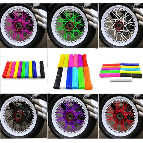 Colorful Bicycle Spoke Skins Wraps Kit 72 Pcs Wheel Decoration shown on bike wheels with 11 colors and Dope Pink included.