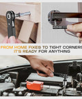 Hand using 90 Degree Offset Right Angle Screwdriver with Ratcheting Mechanism for tight spaces in home repair and car engine.