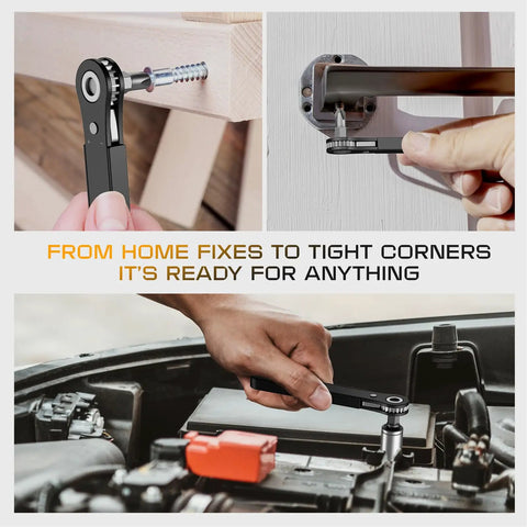 Hand using 90 Degree Offset Right Angle Screwdriver with Ratcheting Mechanism for tight spaces in home repair and car engine.