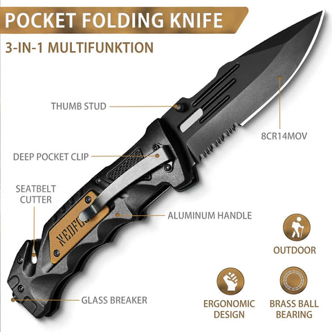 Pocket Folding Knife For Men 3 Point 9 Inch Survival Tool with liner lock, belt clip, seat belt cutter, glass breaker, serrated blade